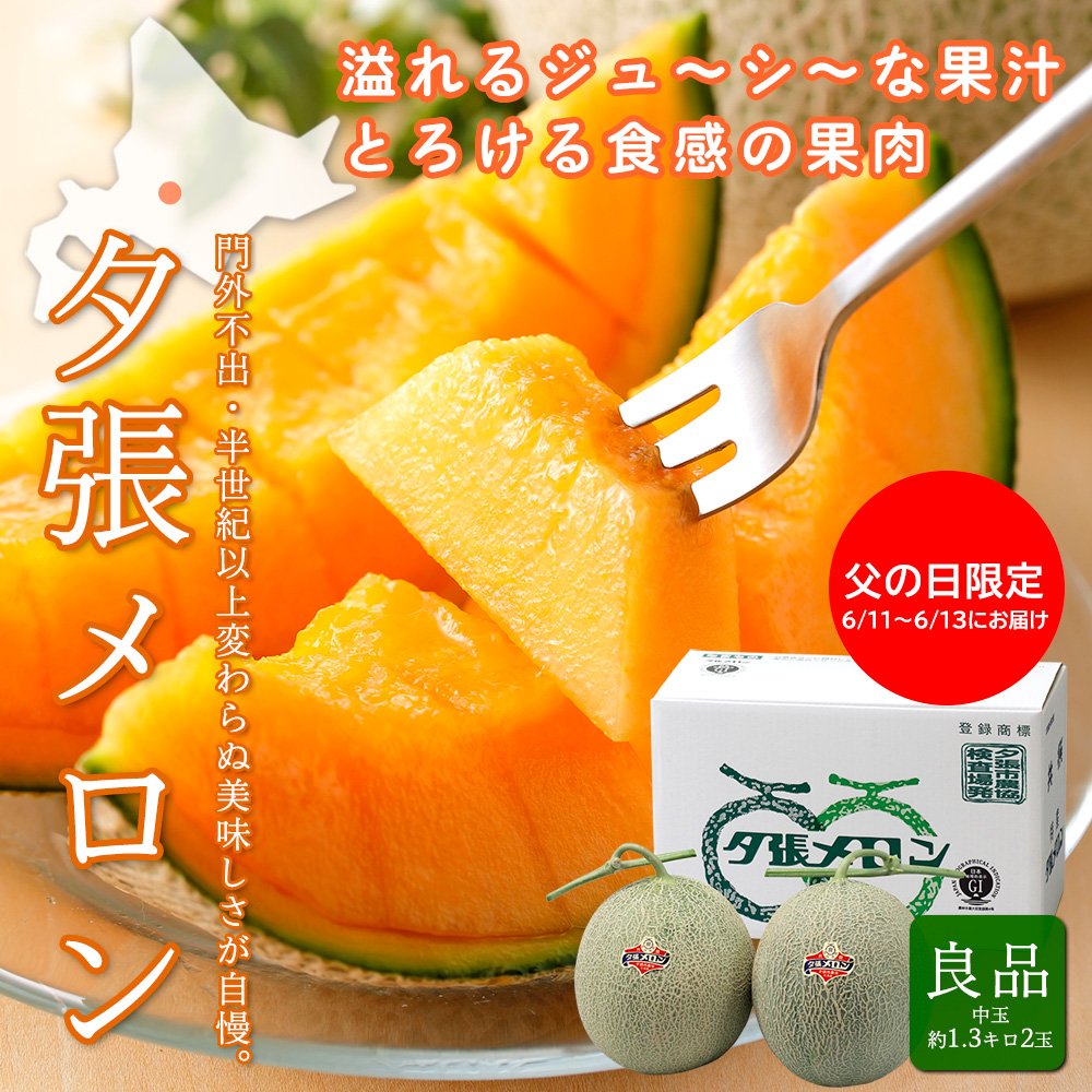 【父の日限定】【送料無料】夕張メロン共撰 良品 中玉1.3キロ前後×2玉