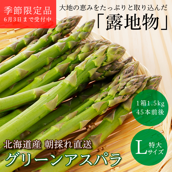 【季節限定】北海道産 朝採れ露地物グリーンアスパラ1.5キロ(Lサイズ約45本)
