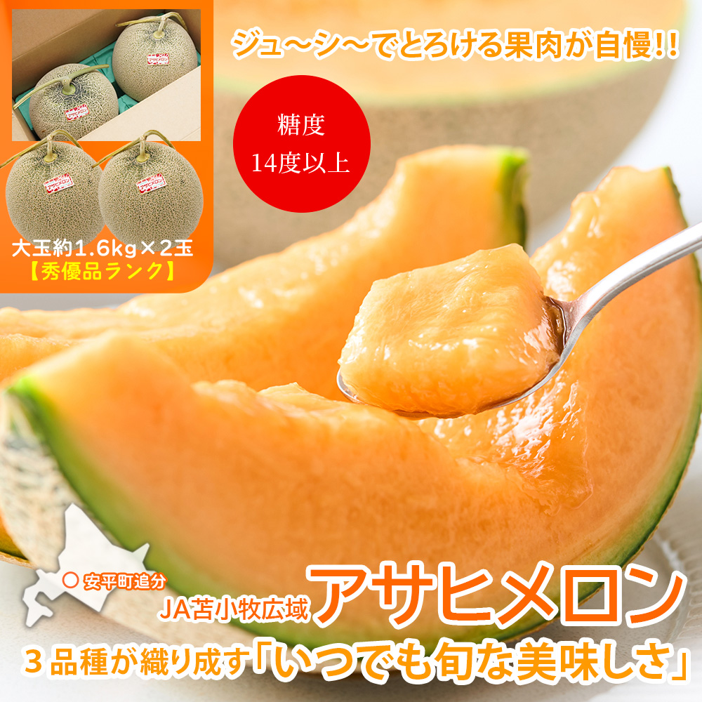 【早割価格】【秀優品】北海道安平追分産アサヒメロン1.6kg大玉×2玉セット
