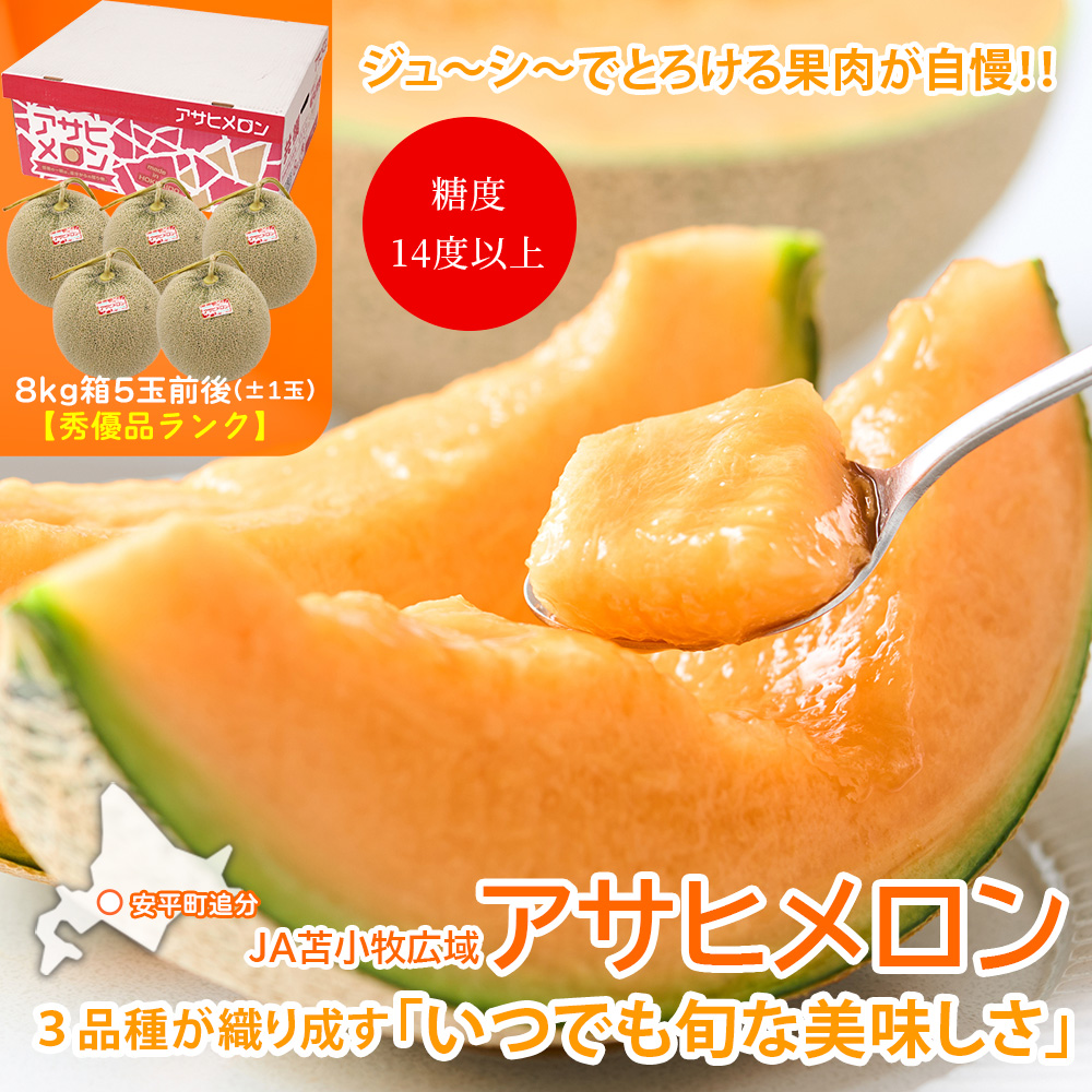 【早割価格】【秀優品】北海道安平追分産アサヒメロン8kg箱5玉前後