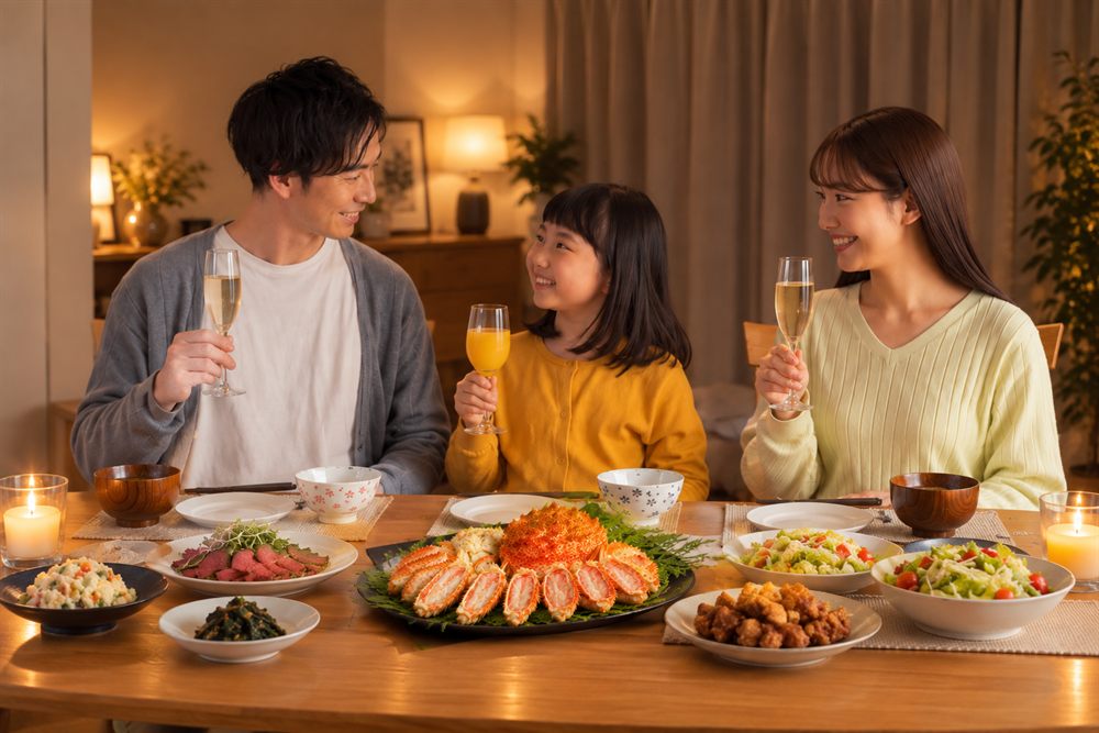 毛ガニの大皿を囲んで乾杯する家族