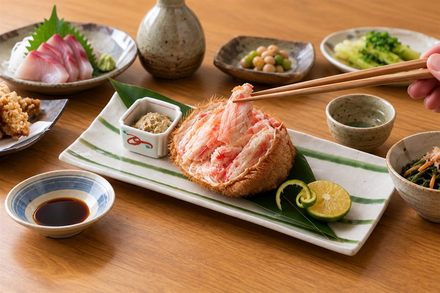甲羅に盛った毛ガニの身を箸でつまむ様子と、刺身や小鉢が並ぶ食卓