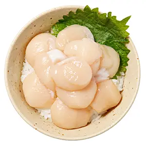 通常サイズのお茶碗にホタテ貝柱を10玉のせたホタテ丼