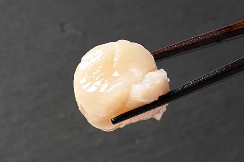 ひとくちサイズのホタテ貝柱の大きさ。このページで紹介しているサイズです。