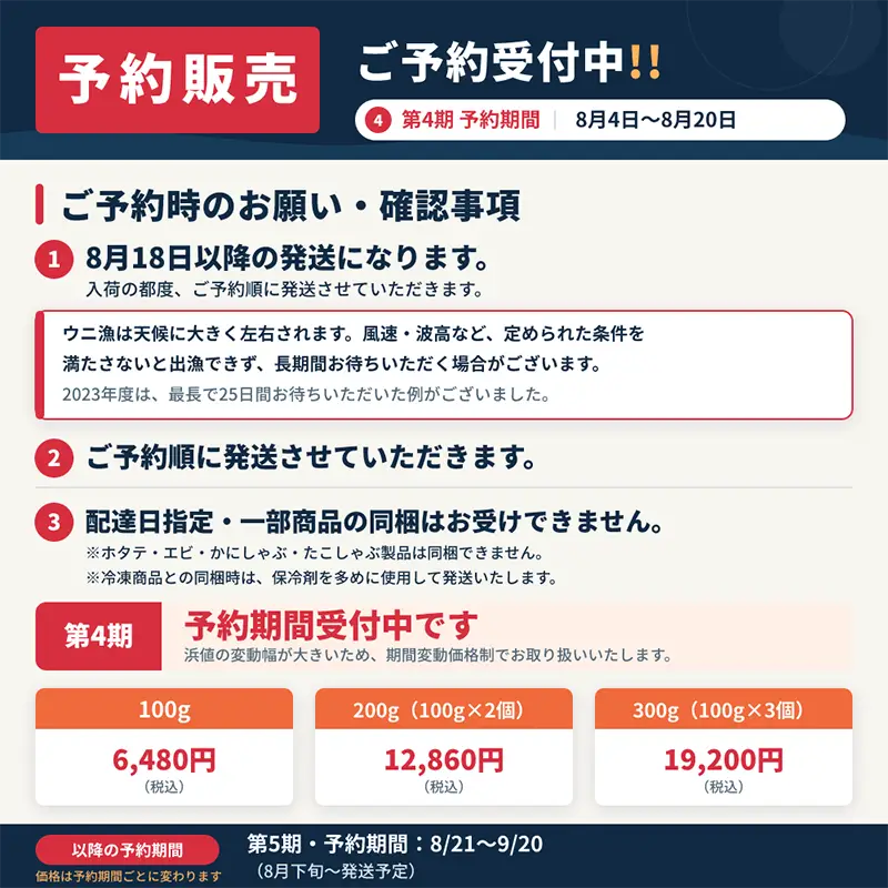 生うに予約販売期間と発送に関するご案内