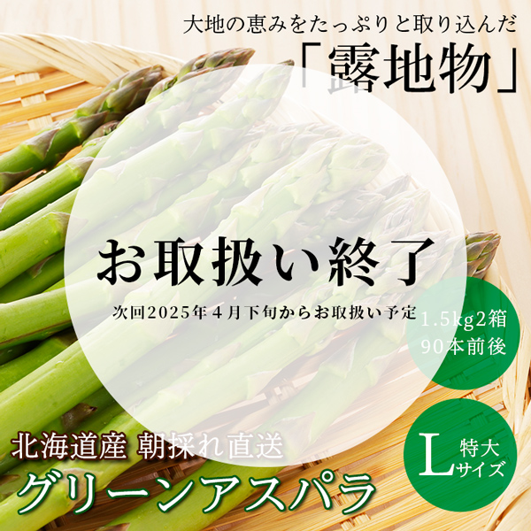 【季節限定】北海道産 朝採れ露地物グリーンアスパラ3キロ(1.5kg2箱)(Lサイズ約90本)